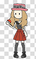 Pixel-art girl in pink hat and red skirt holding a Poké Ball, stylized Pokémon trainer character.