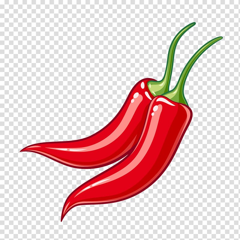 Two glossy red chili peppers with green stems on transparent background.