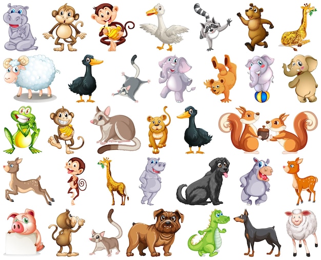 Collection of 30 colorful cartoon animals including mammals, birds, reptiles, and amphibians arranged on white background.