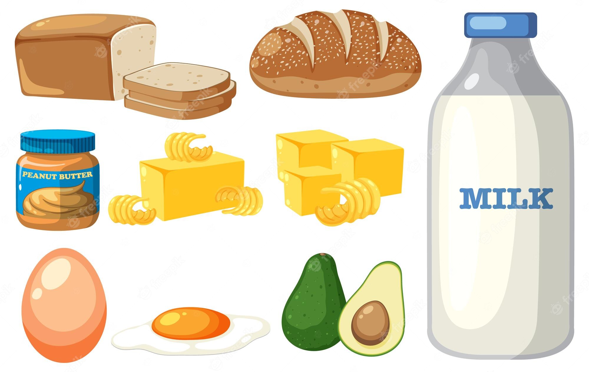 Collection of high-fat foods including bread, peanut butter, butter, cheese, milk, eggs, and avocado.