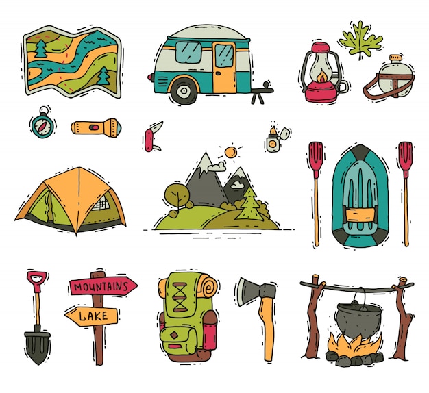 Hand-drawn camping and outdoor adventure icons including tent, map, backpack, lantern, axe, campfire, and trail signs.