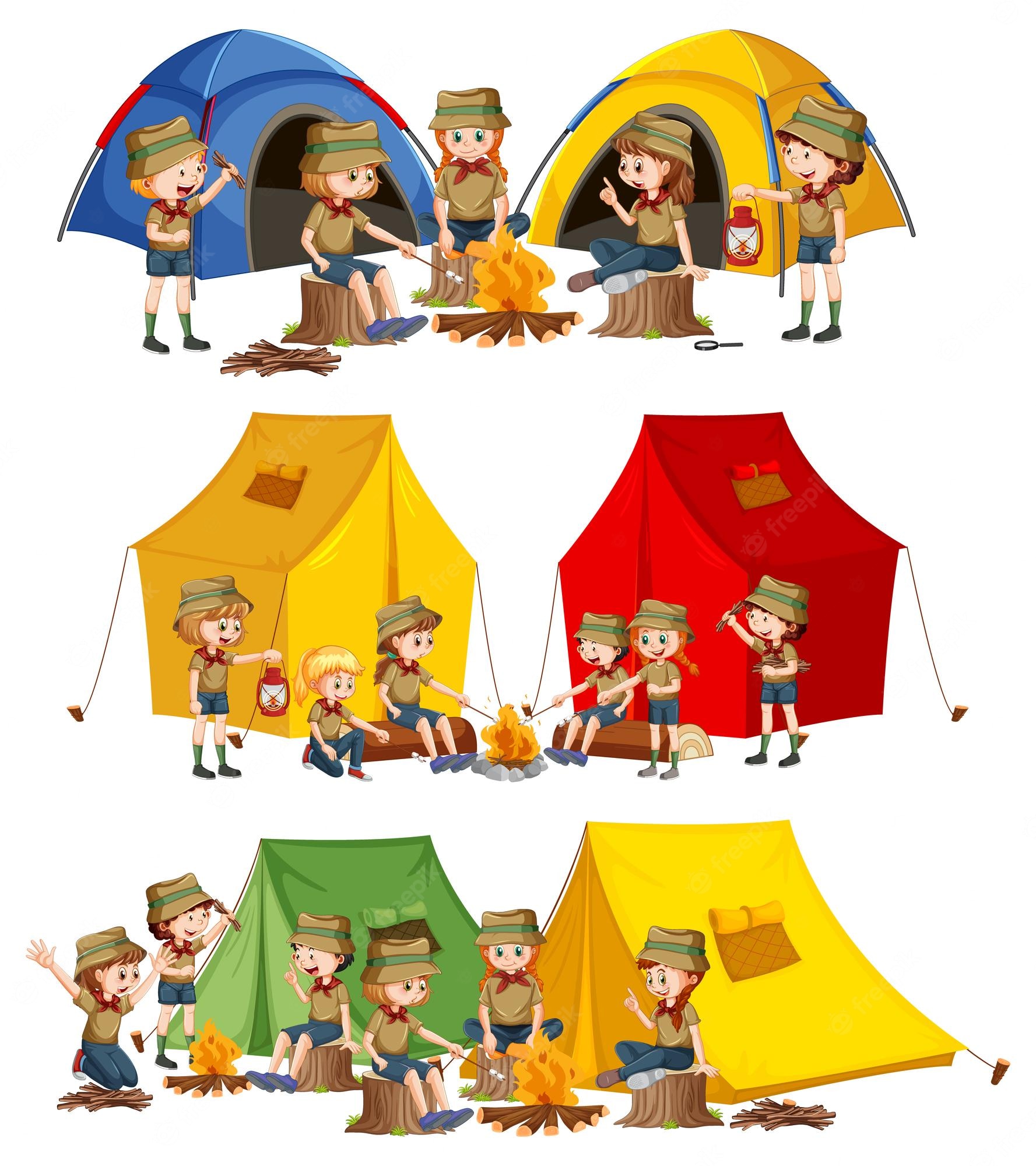Children in scout uniforms camping with tents, campfires, and lanterns in colorful outdoor scenes.