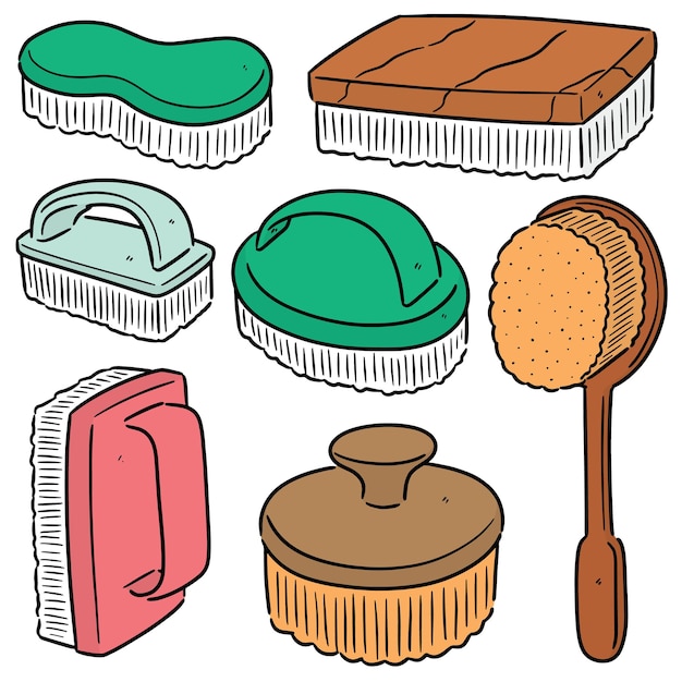 Collection of seven illustrated cleaning brushes in various shapes, colors, and materials including green, brown, pink, and blue designs.