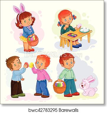 Five cheerful children celebrating Easter with baskets, eggs, and a bunny in a colorful illustration.