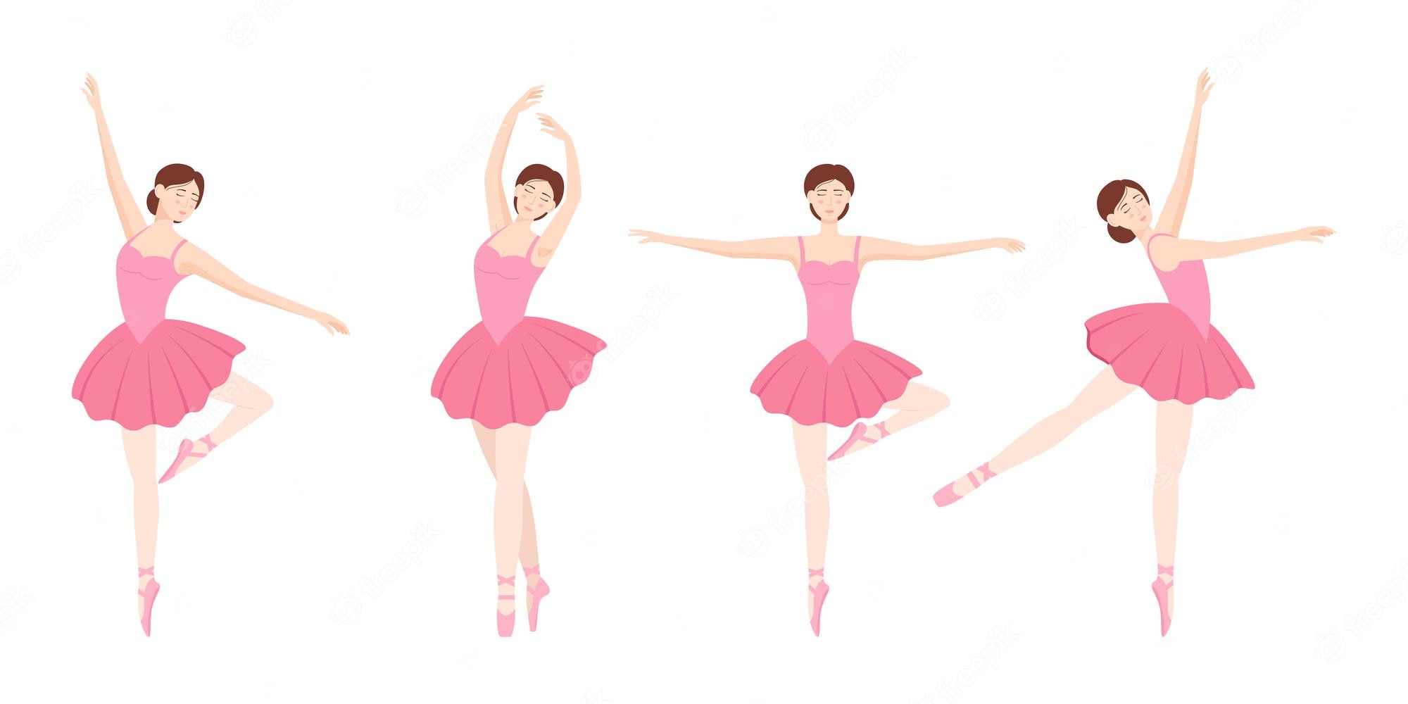 Four illustrated ballerinas in pink tutus performing classical ballet poses on white background.