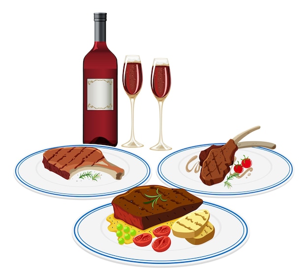 Elegant dinner scene with red wine, two glasses, and three gourmet meat dishes on white plates with garnishes.