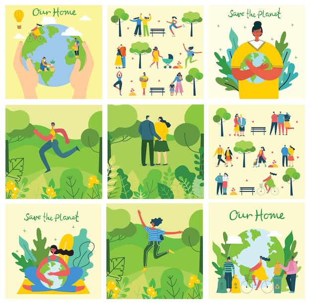 Nine illustrated panels showing people caring for Earth, planting trees, recycling, and enjoying nature with themes "Our Home" and "Save the Planet".