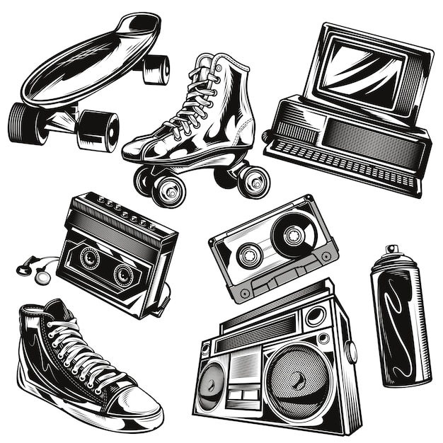 Retro 80s Icon Collection - Skateboards, Boomboxes & Vintage Tech