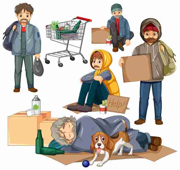 Illustration of six homeless individuals in various situations: holding signs, sleeping on cardboard, with shopping cart, and accompanied by a dog.