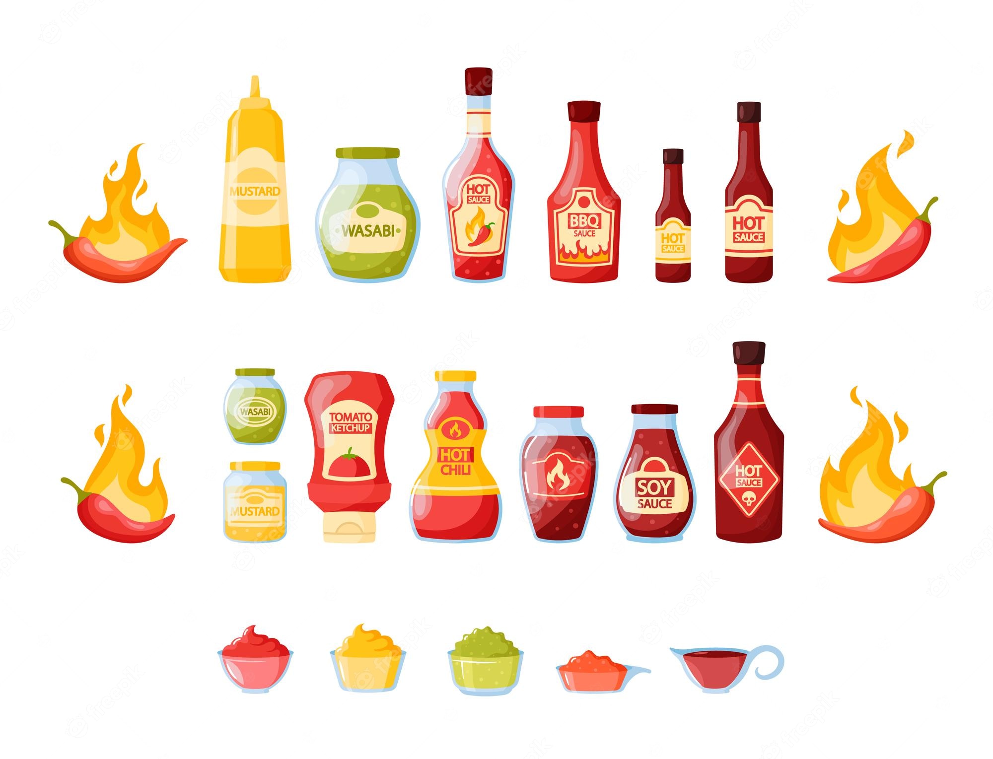 Collection of condiments including mustard, wasabi, ketchup, hot sauce, BBQ sauce, soy sauce, and chili paste with flame icons.