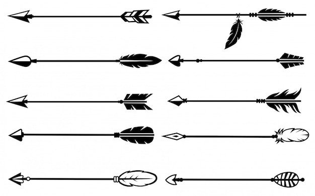 Collection of ten stylized black-and-white arrow illustrations with varying fletchings, tips, and decorative elements.