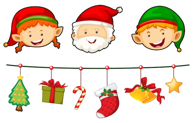 Smiling Santa Claus and two elves above a festive garland with Christmas ornaments including tree, gift, candy cane, stocking, bells, and star.