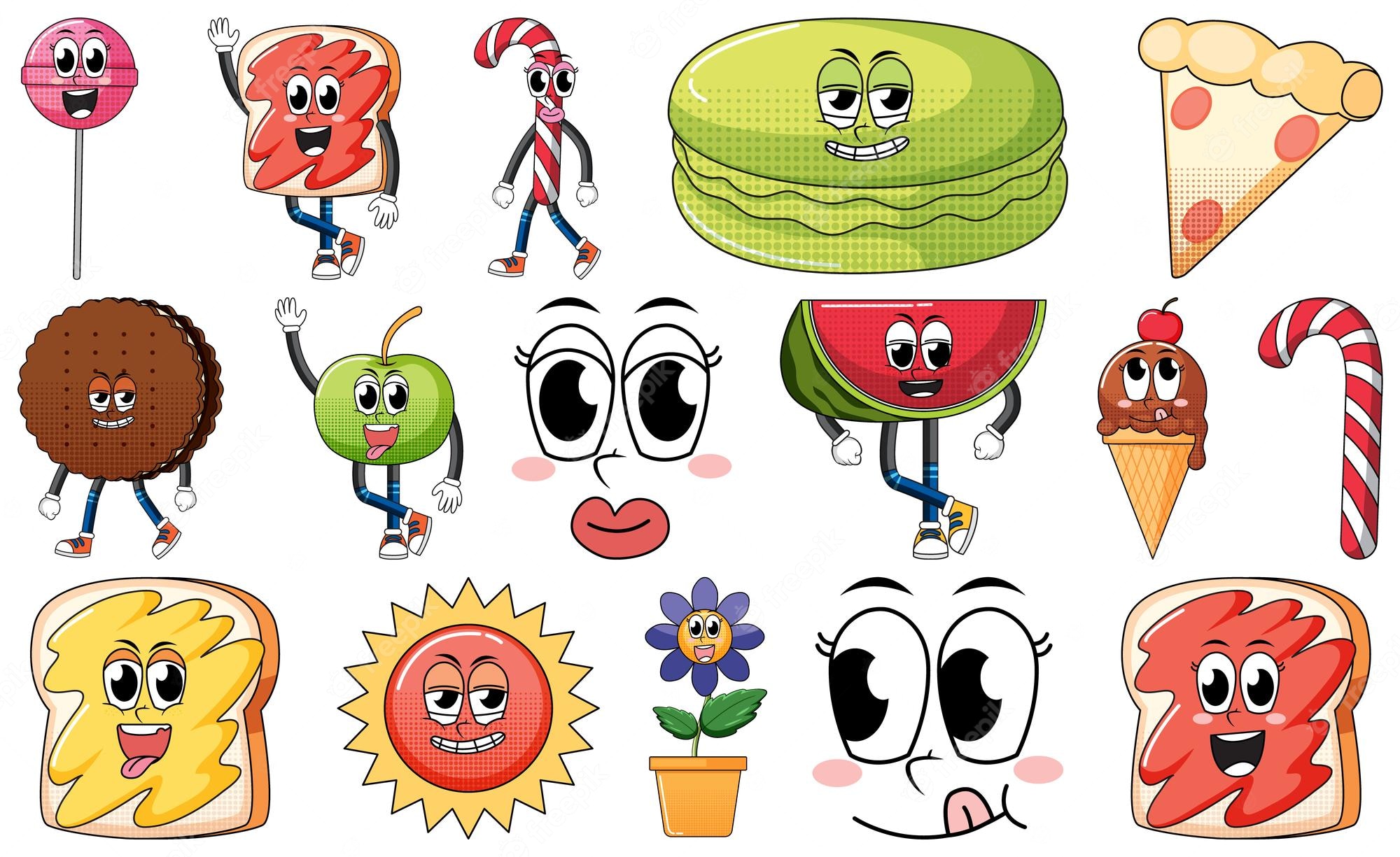 Cheerful cartoon food characters including lollipop, toast, candy cane, macaron, pizza, cookie, apple, watermelon, ice cream, sun, and flower.
