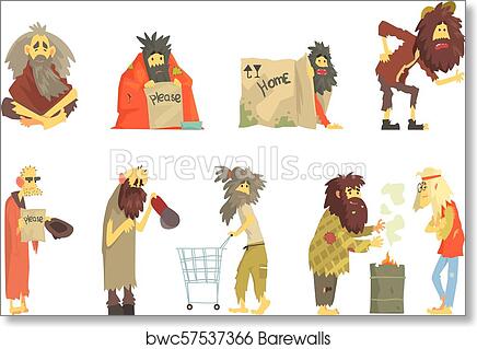 Collection of cartoon homeless characters in various situations-begging, holding signs, shopping, and interacting with others.