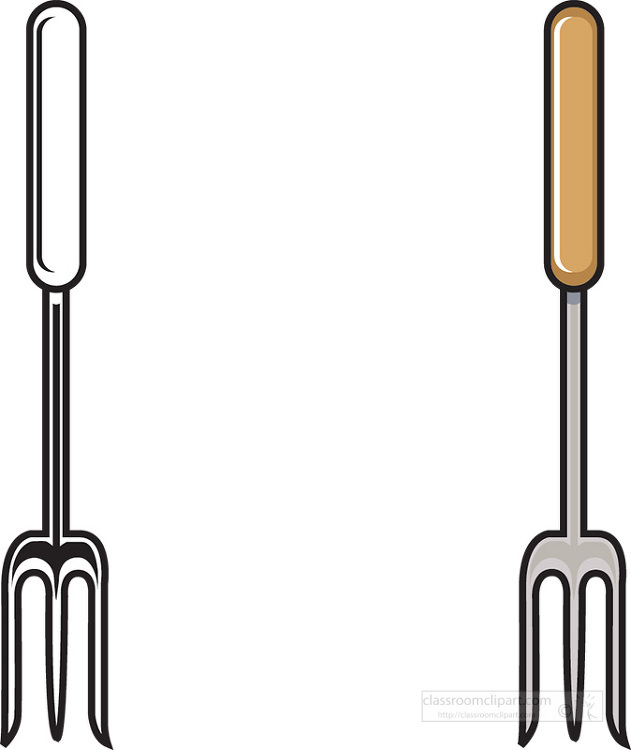 Two illustrated meat forks - one black-and-white line art, one with tan wooden handle and gray metal tines.