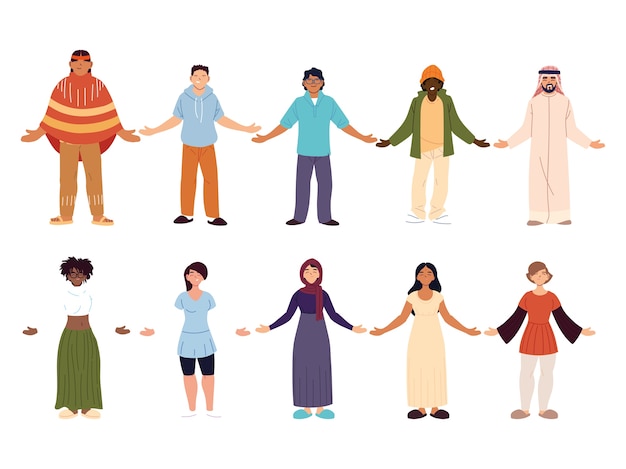 Ten diverse people holding hands in two rows, representing global unity and cultural inclusivity.