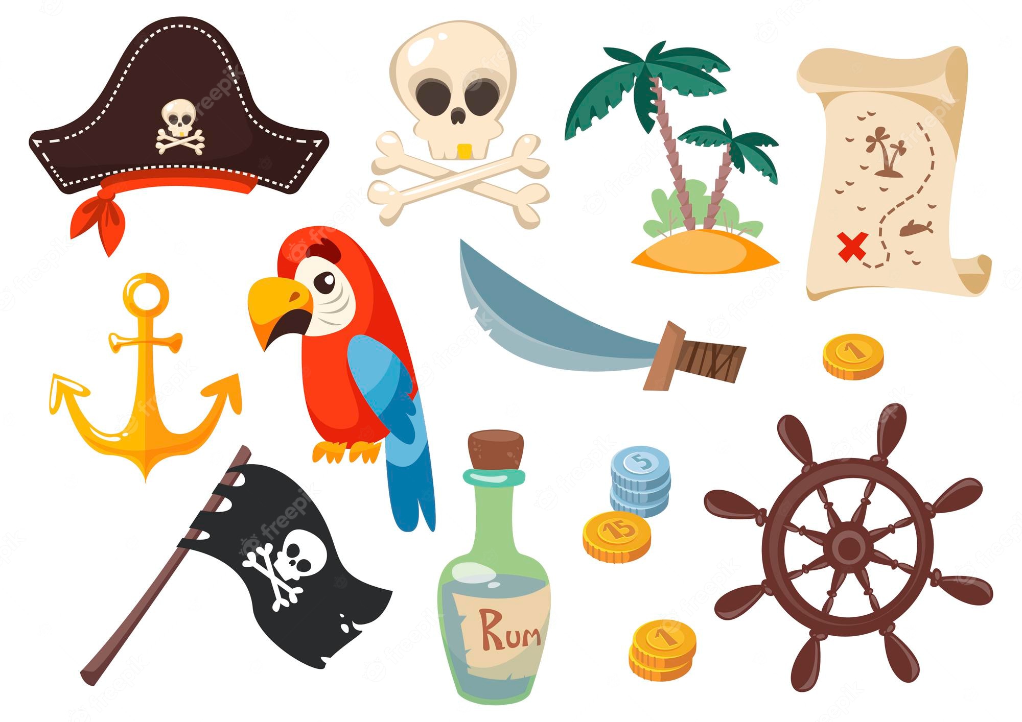 Pirate-themed vector icons including hat, skull, parrot, treasure map, anchor, sword, rum bottle, coins, flag, and ship wheel.