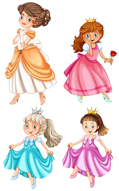 Four illustrated princesses in colorful gowns and crowns, each with unique hairstyles and poses.