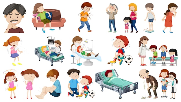 Collection of cartoon illustrations showing children and adults experiencing various illnesses, injuries, and medical visits.