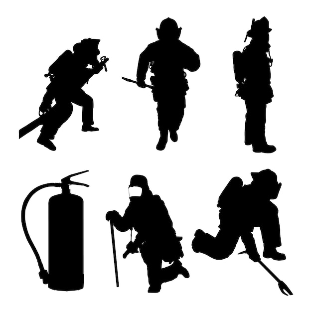 Six firefighter silhouettes in action poses with equipment including hose, axe, extinguisher, and breathing apparatus.