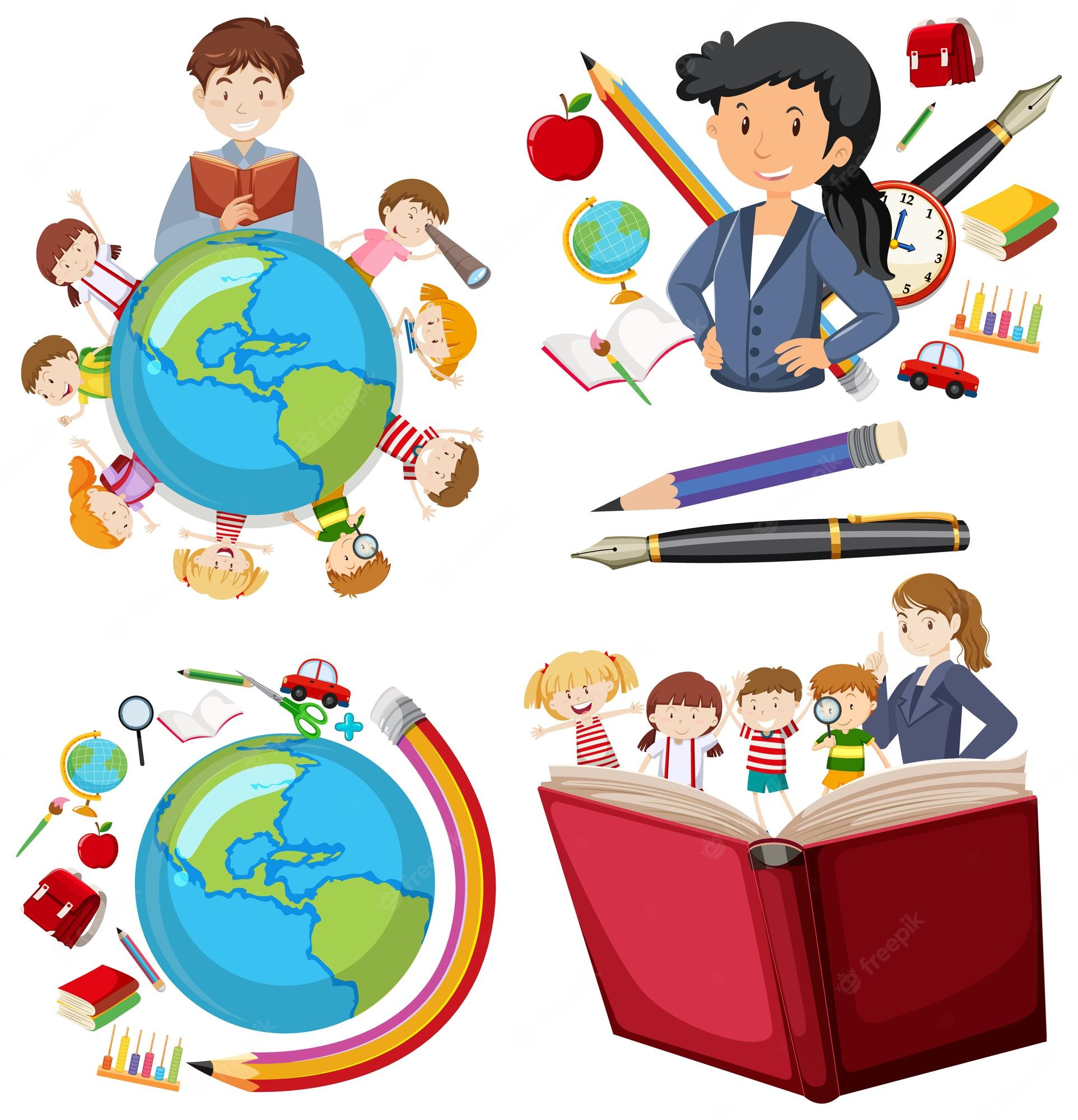 Teachers and students engaging with books, globes, pencils, apples, and educational tools in colorful cartoon illustrations.