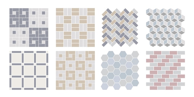 Eight modern tile patterns including geometric, herringbone, hexagon, and brick layouts in neutral and pastel tones.
