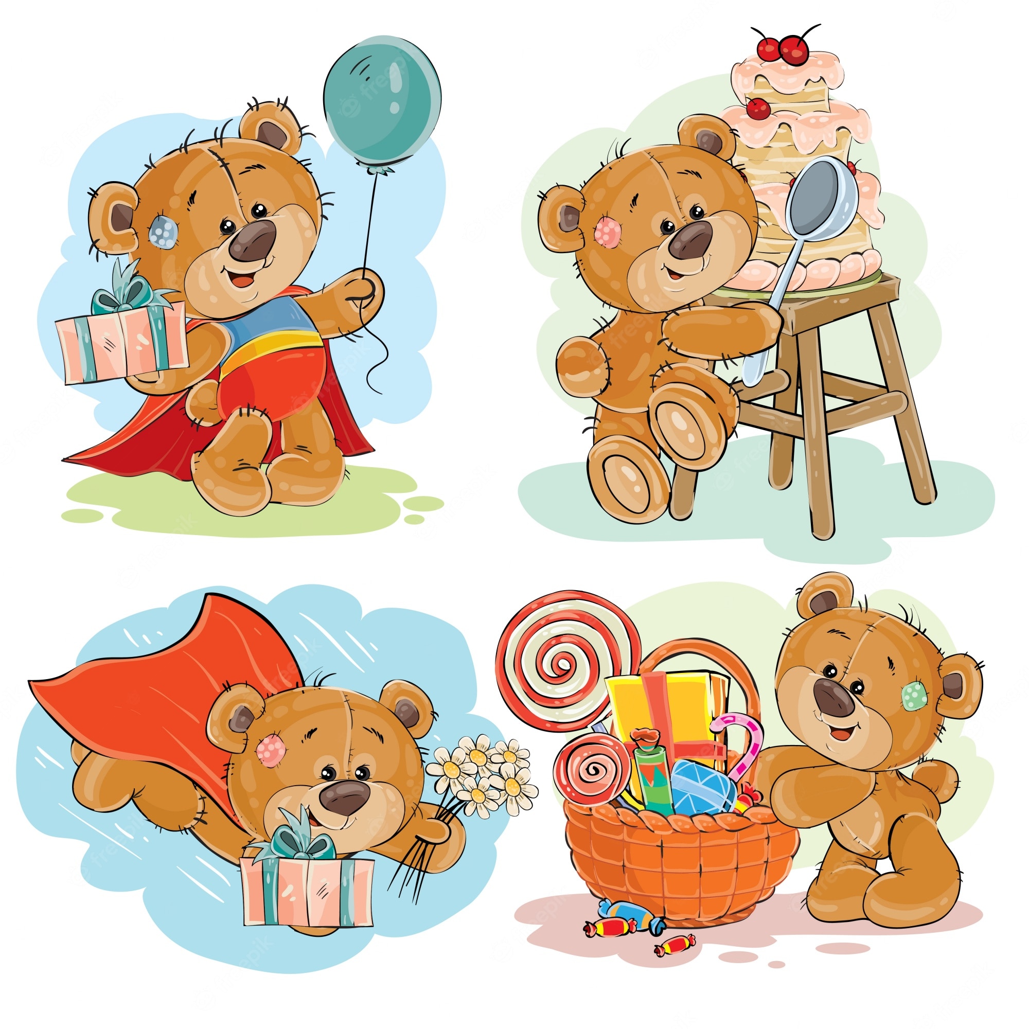 Four cute cartoon teddy bears in festive scenes: superhero, cake-serving, flying with gifts, and candy basket.
