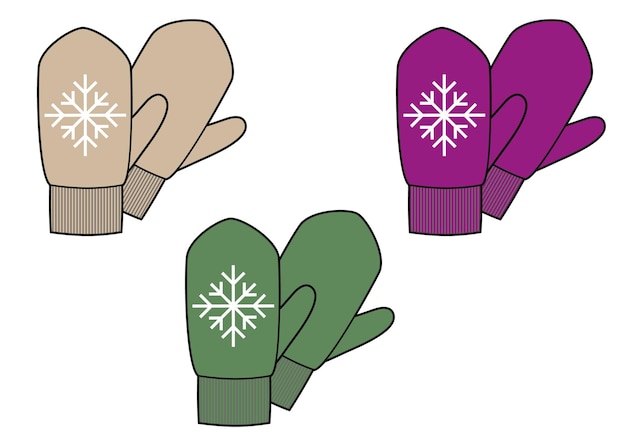 Three pairs of winter mittens in beige, purple, and green with white snowflake designs on the back.