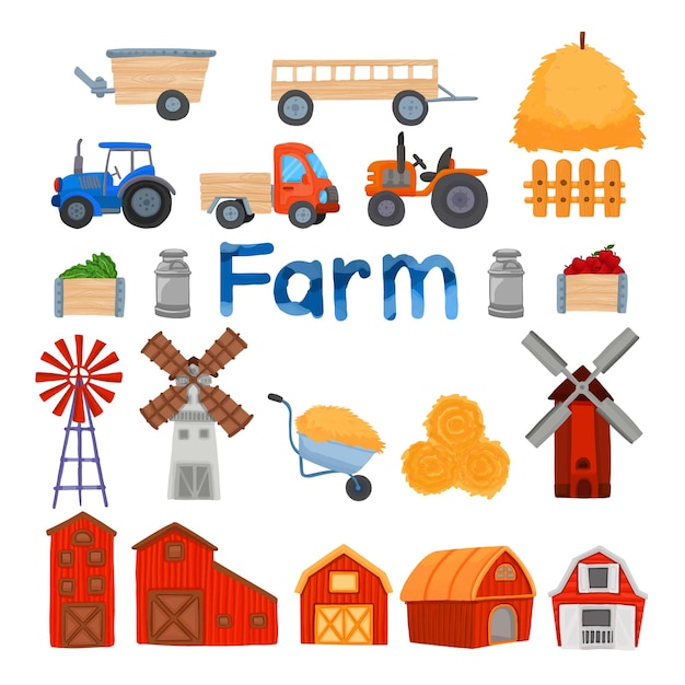 Farm-themed vector illustration with tractors, barns, windmills, hay bales, crops, and farm tools.