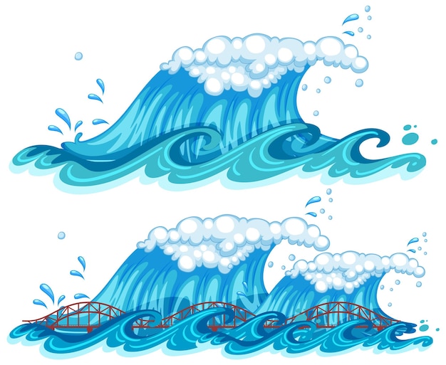 Two stylized blue ocean waves-one clean, one crashing over a red truss bridge-with white foam and splashes on white background.