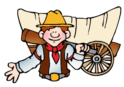 Cartoon pioneer boy in cowboy hat and vest holding a covered wagon wheel, smiling cheerfully.