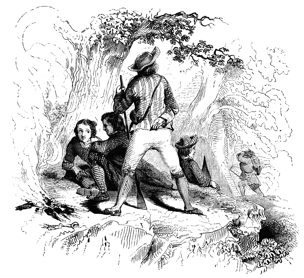 A 19th-century woodcut illustration showing travelers resting near a campfire in a wooded landscape, one standing guard with a rifle.