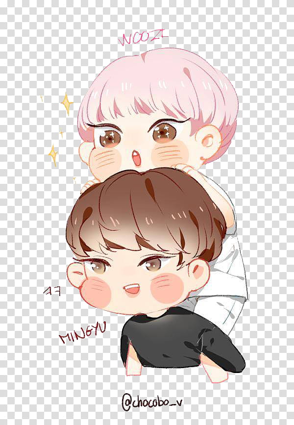Chibi-style illustration of two K-pop idols-Woozi (pink hair) hugging Mingyu (brown hair)-with sparkles and artist signature @chocobo_v.
