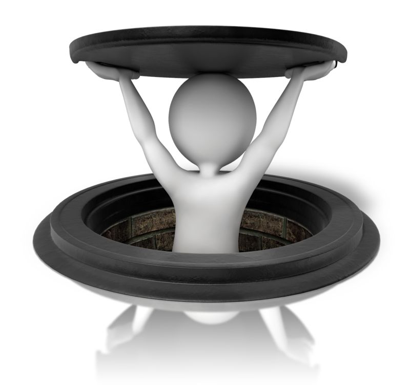 3D figure lifting a heavy manhole cover from a sewer opening, symbolizing burden or effort.