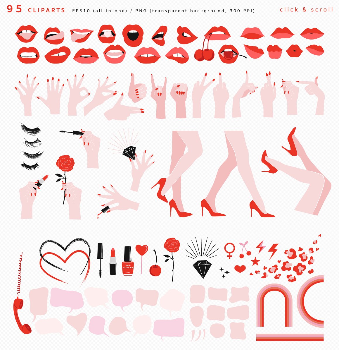 95 romantic and beauty-themed vector cliparts including lips, hands, legs, makeup, hearts, and speech bubbles in red and pink tones.