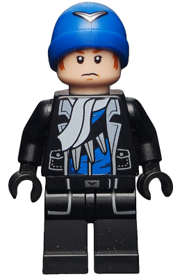 LEGO minifigure wearing a blue helmet with silver emblem, black jacket with silver and blue accents, and serious expression.