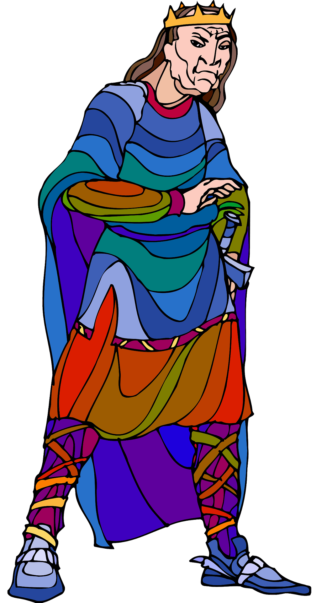 A stern medieval king in a colorful layered robe and golden crown, holding a scepter with a worried expression.
