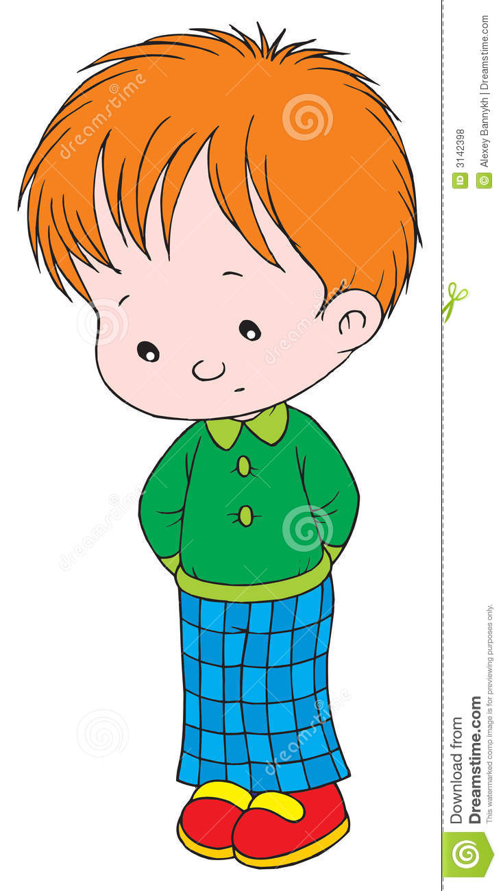 Cartoon boy with orange hair, green sweater, blue plaid pants, and red shoes, standing with hands behind back.