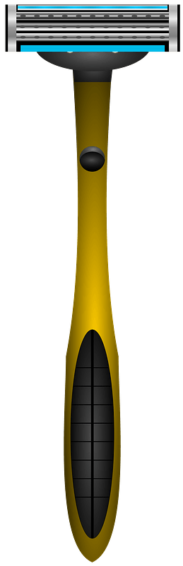 Gold-handled multi-blade razor with black grip and blue lubrication strip, isolated on gray background.