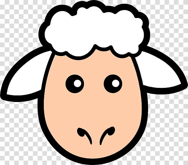 Cartoon sheep face with fluffy white wool, large eyes, and droopy ears on transparent background.