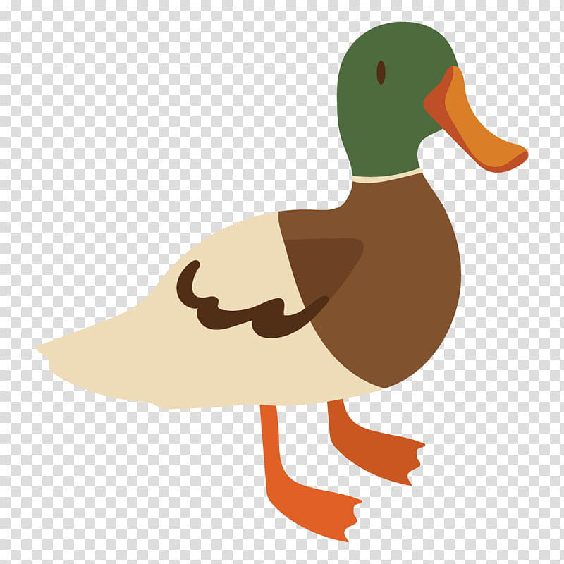 Stylized cartoon mallard duck with green head, brown body, cream wing, and orange beak and feet on transparent background.
