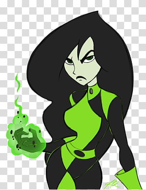 Shego, a green-skinned animated villain with black hair, wearing a green-and-black suit and emitting green plasma energy from her hand.