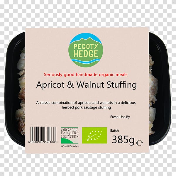 Pegotty Hedge Apricot & Walnut Stuffing, 385g organic handmade meal in black tray with label.