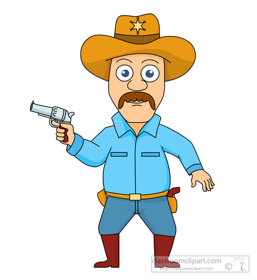 Cartoon sheriff with mustache, brown hat, blue shirt, and revolver in hand.