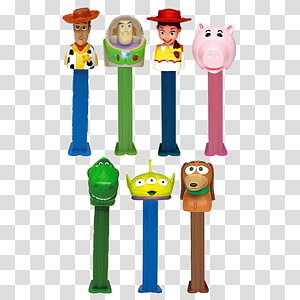 Toy Story Pez dispensers featuring Woody, Buzz Lightyear, Jessie, Hamm, Rex, Alien, and Slinky Dog on transparent background.