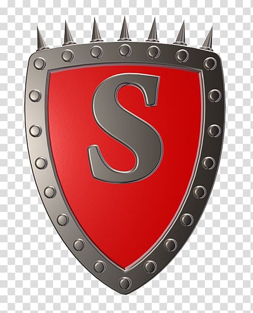 Red medieval-style shield with spiked metal rim and prominent silver 'S' emblem.