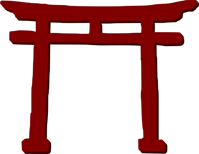 A stylized red torii gate symbol, representing Japanese Shinto shrines, set against a black background.