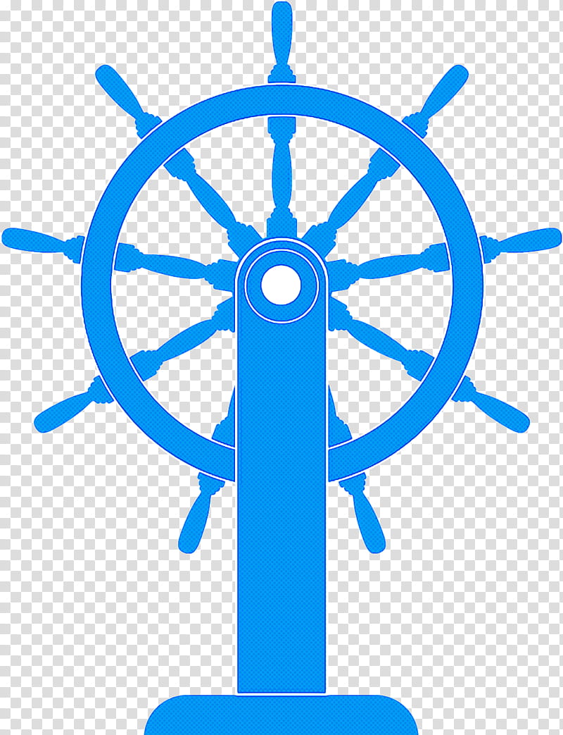 Blue ship's steering wheel icon on transparent background, stylized with eight spokes and central column.