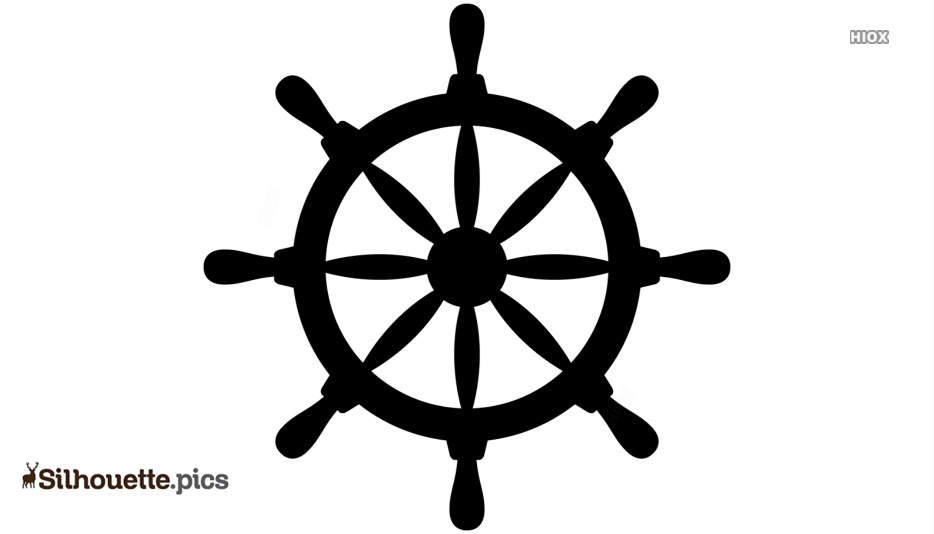 Black silhouette of a classic eight-spoke ship’s steering wheel on white background.
