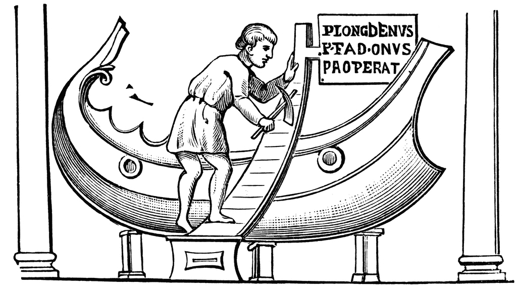 Medieval woodcut of a man carving a ship’s hull with Latin inscription "PLONGDENVS PTADONVS PAOPERAT".